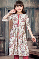 Maroon 3/4th Sleeves With Floral Printed And Bead Work Kurta Set For Girls