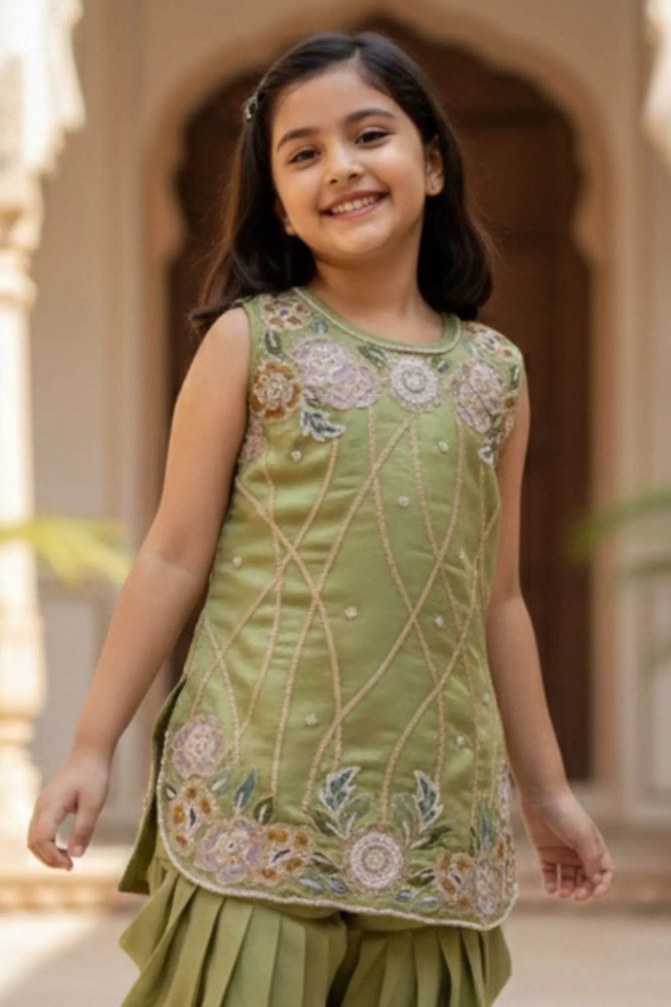Olive Green Embroidered Patiala Suit For Girls