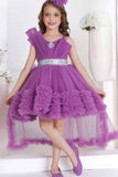 Purple Ruffle Party Frock With Bow Embellishment For Girls