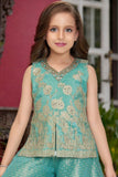 Sea Green Embroidered Top with Flared Palazzo Set For Girls