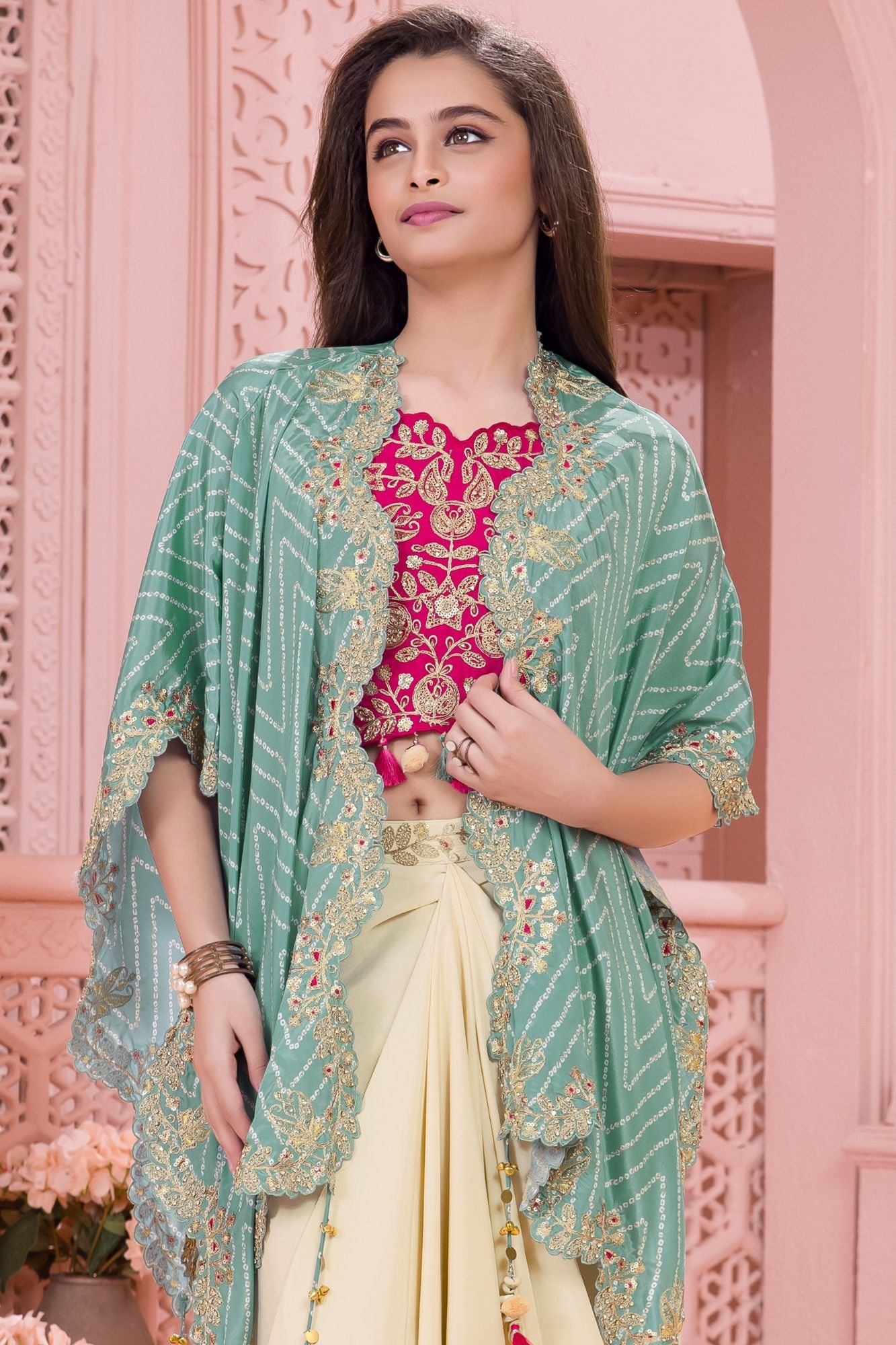 Rani Pink Embroidered Top With Cream Dhoti Skirt And Cape Set For Girls