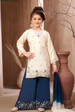 Ivory Embroidered Kurti Peacock Blue Palazzo Set with Dupatta for Girls