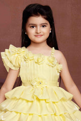 Lemon Yellow One Shoulder Sleeve And Floral Embellished Frock For Girls