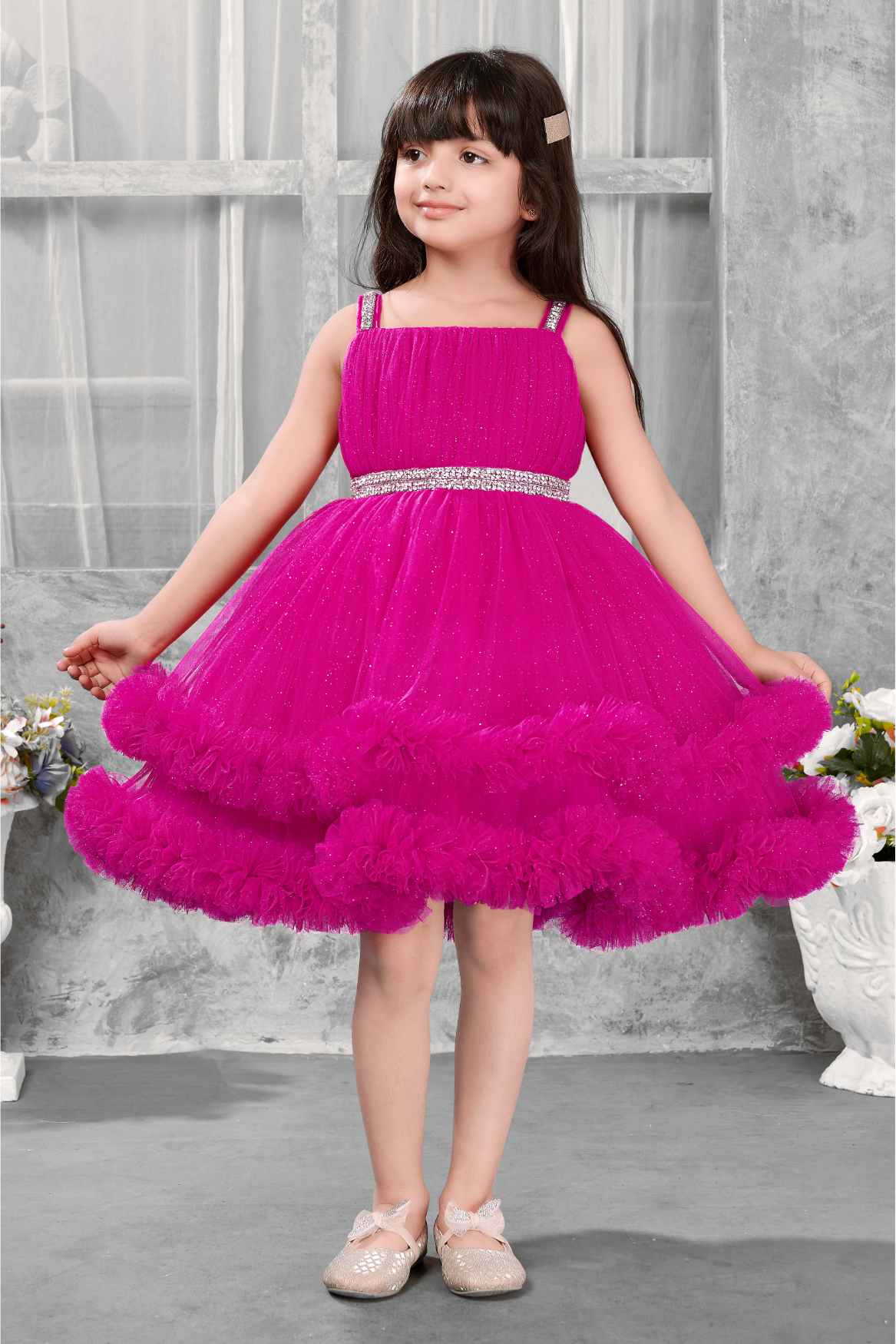 Pink Princess Party Frock With Ruffled Layers And Sparkle Waist For Girls