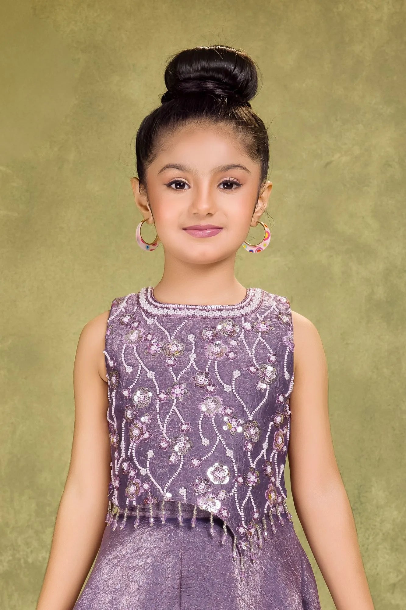 Lavender Organza Palazzo Set with Bead & Sequins Work Top For Girls