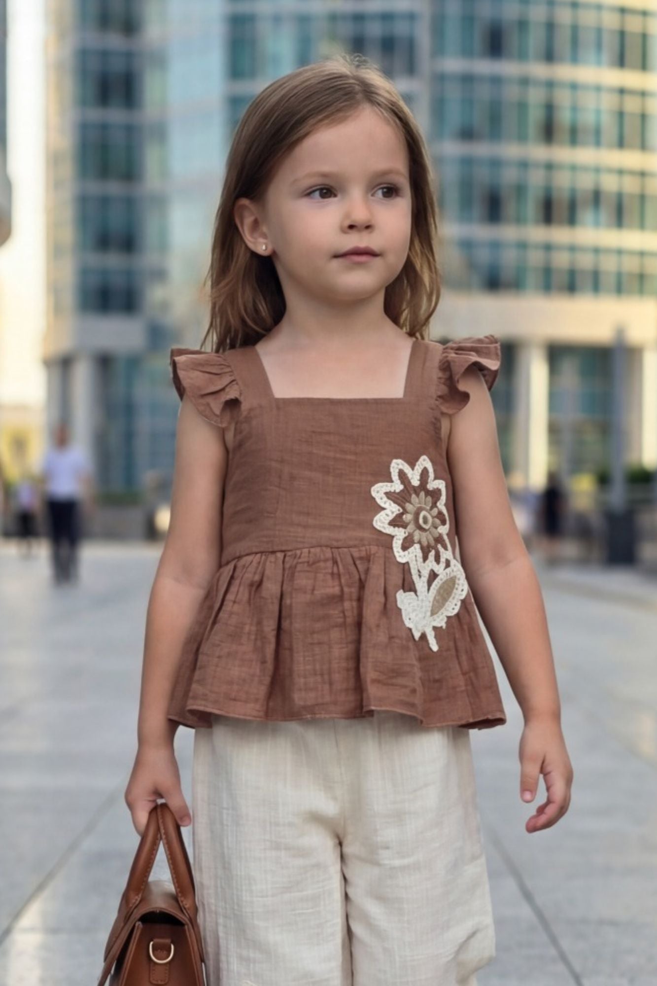 Girls Brown Stylish Peplum Top And Cream Pant Co-Ord Set