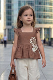 Girls Brown Stylish Peplum Top And Cream Pant Co-Ord Set
