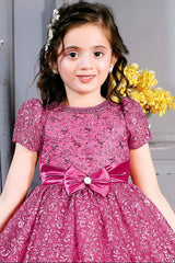 Wine Embroidered Frock With Bow Embellished For Girls