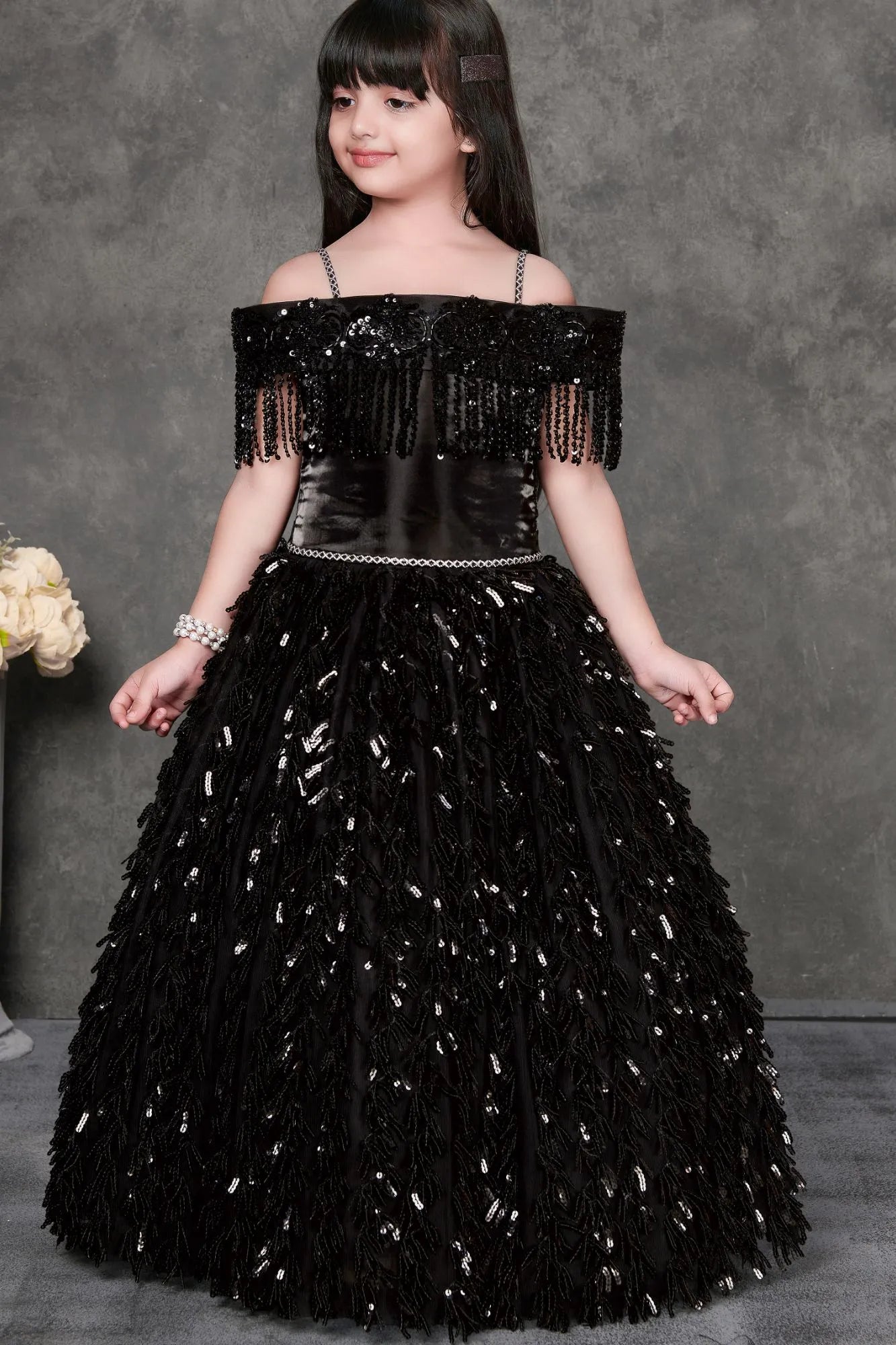 Midnight Sparkle Black Sequin Off-Shoulder Party Gown For Girls