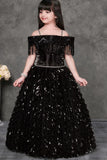 Midnight Sparkle Black Sequin Off-Shoulder Party Gown For Girls