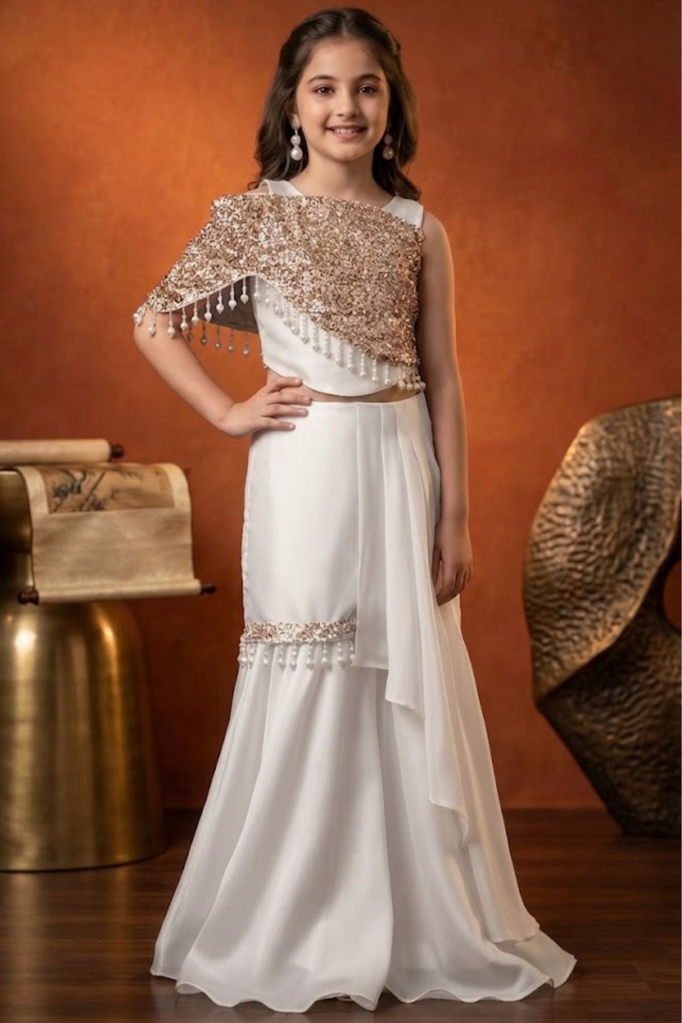 Designer Ivory Sharara Set with Sequin Cape and Pearl Tassel Detailing For Girls