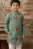 Sea Green Printed Kurta Set with Cream Pyjama For Boys