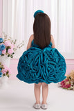 Teal 3D Rosette Appliqué Party Wear Frock For Girls