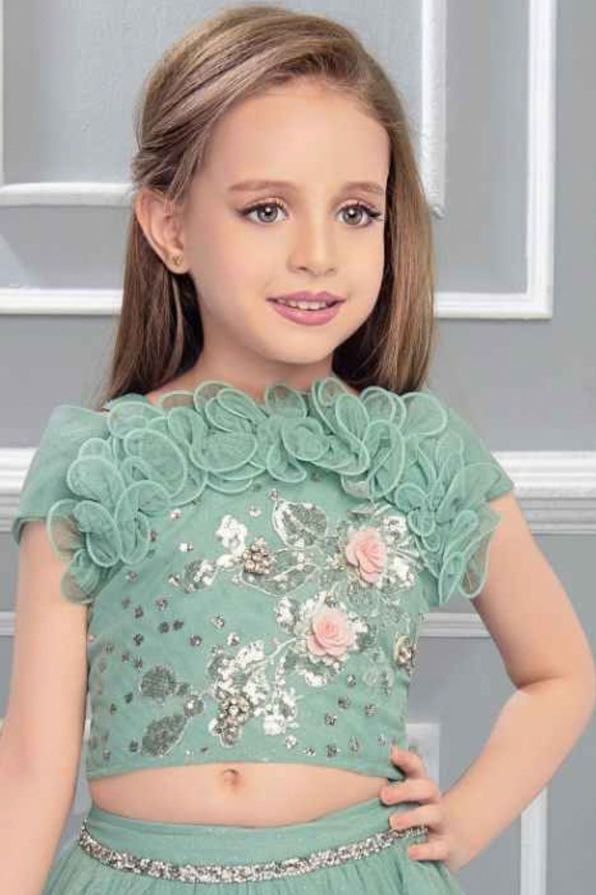 Aqua Blue Floral Ruffle Lehenga Choli For Girls