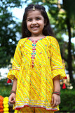Yellow Bandhani Print And Mirror Work Sharara Set For Girls