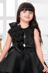 Black Sequin Gown With Bow Embellished For Girls