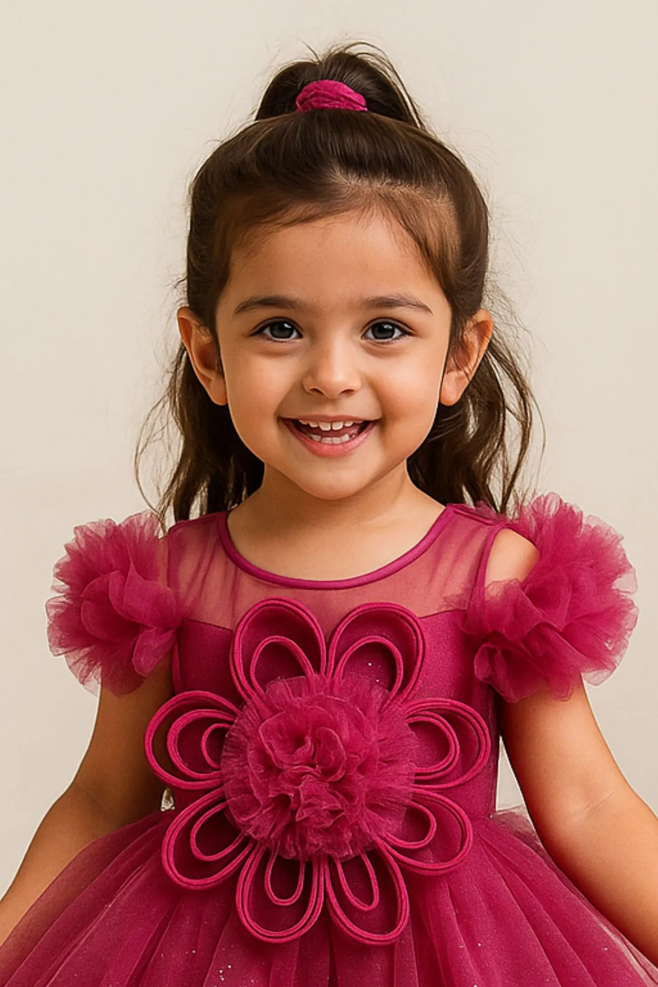 Raspberry Pink Ruffle Frock with 3D Floral Appliqué For Girls