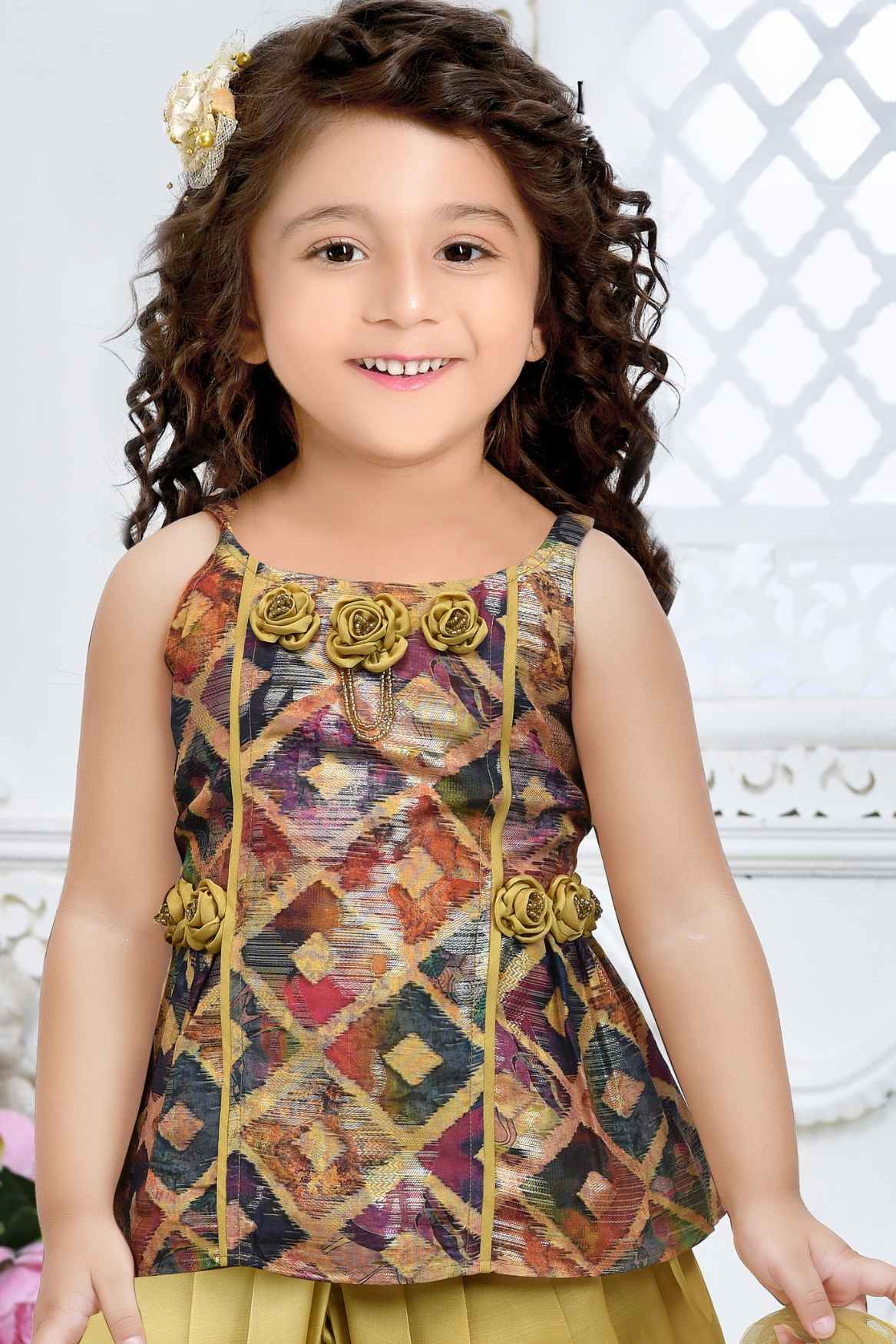 Multicolor Printed And Flower Embellished Dhoti Set For Girls