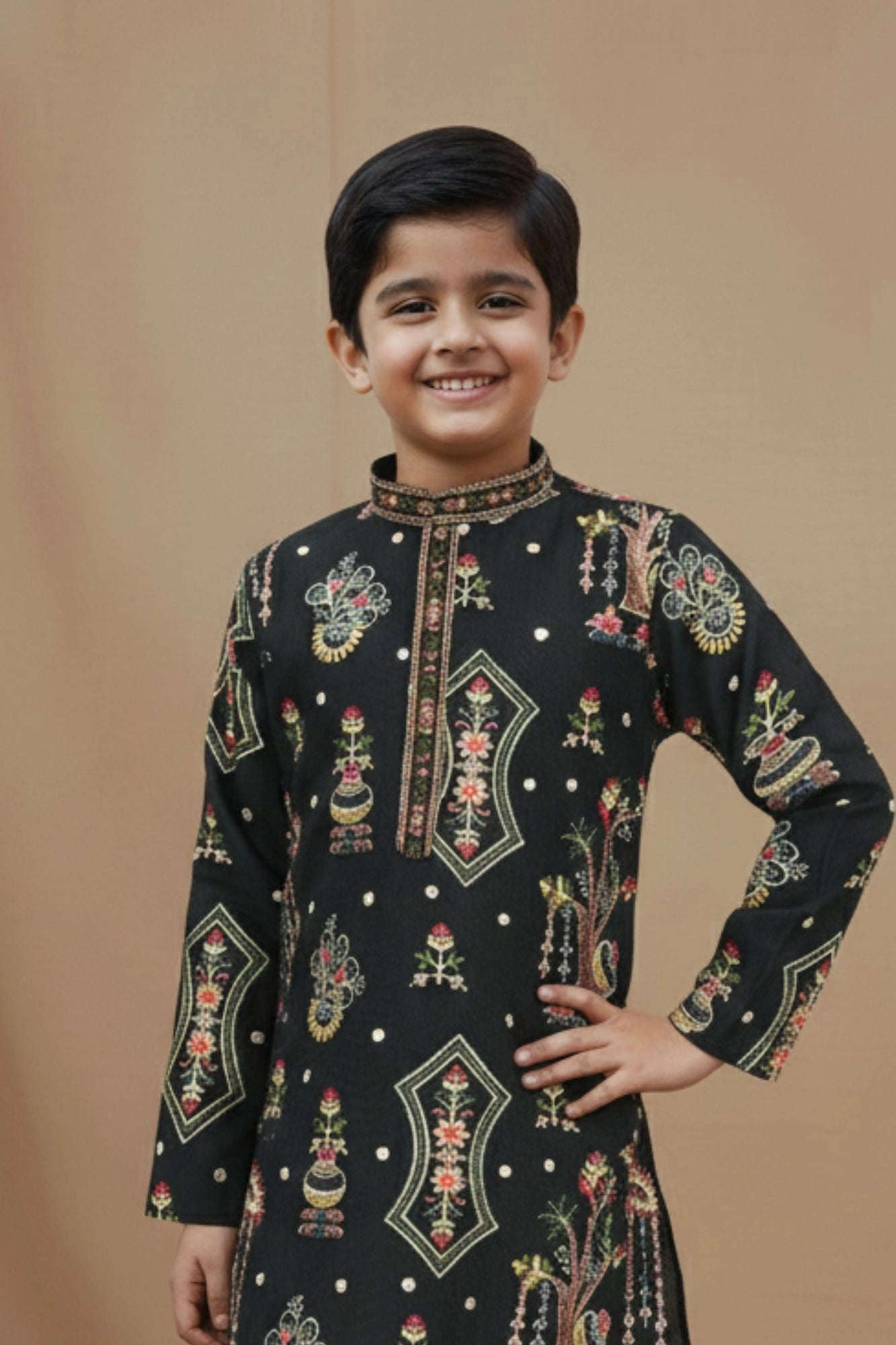Black Multicolor Embroidered Kurta Set For Boys