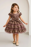Metallic Mauve Bow Embellished Party Wear Frock For Girls