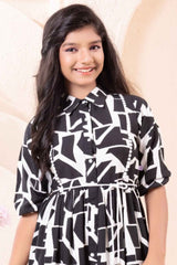 Black Elbow Length Sleeves Printed Frock For Girls