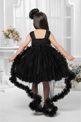 Black Sleeveless And Sequins Worked With Floral Embellished Tail Back Frock For Girls