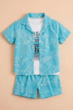 Boys Blue Shorts Set with Printed Shirt And Graphic T-Shirt