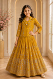 Girls Mustard Yellow Embroidered Jacket Style Lehenga Set with Floral Work