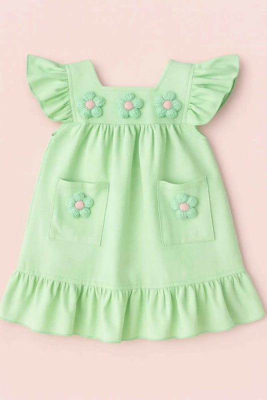 Casual Pastel Green Cotton Dress with 3D Flower Appliqué For Girls