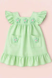 Casual Pastel Green Cotton Dress with 3D Flower Appliqué For Girls