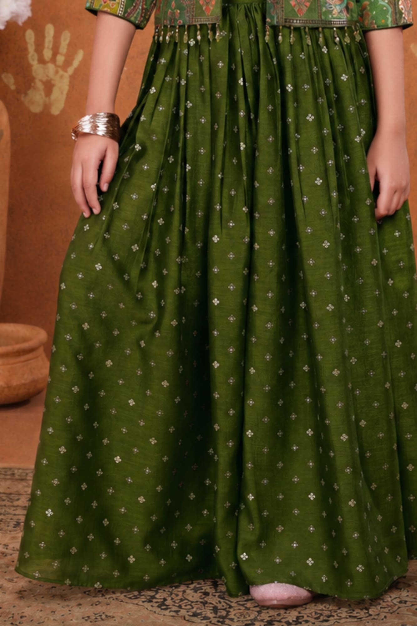 Girls Olive Green Printed Palazzo Set with Jacket and Palazzo Pants