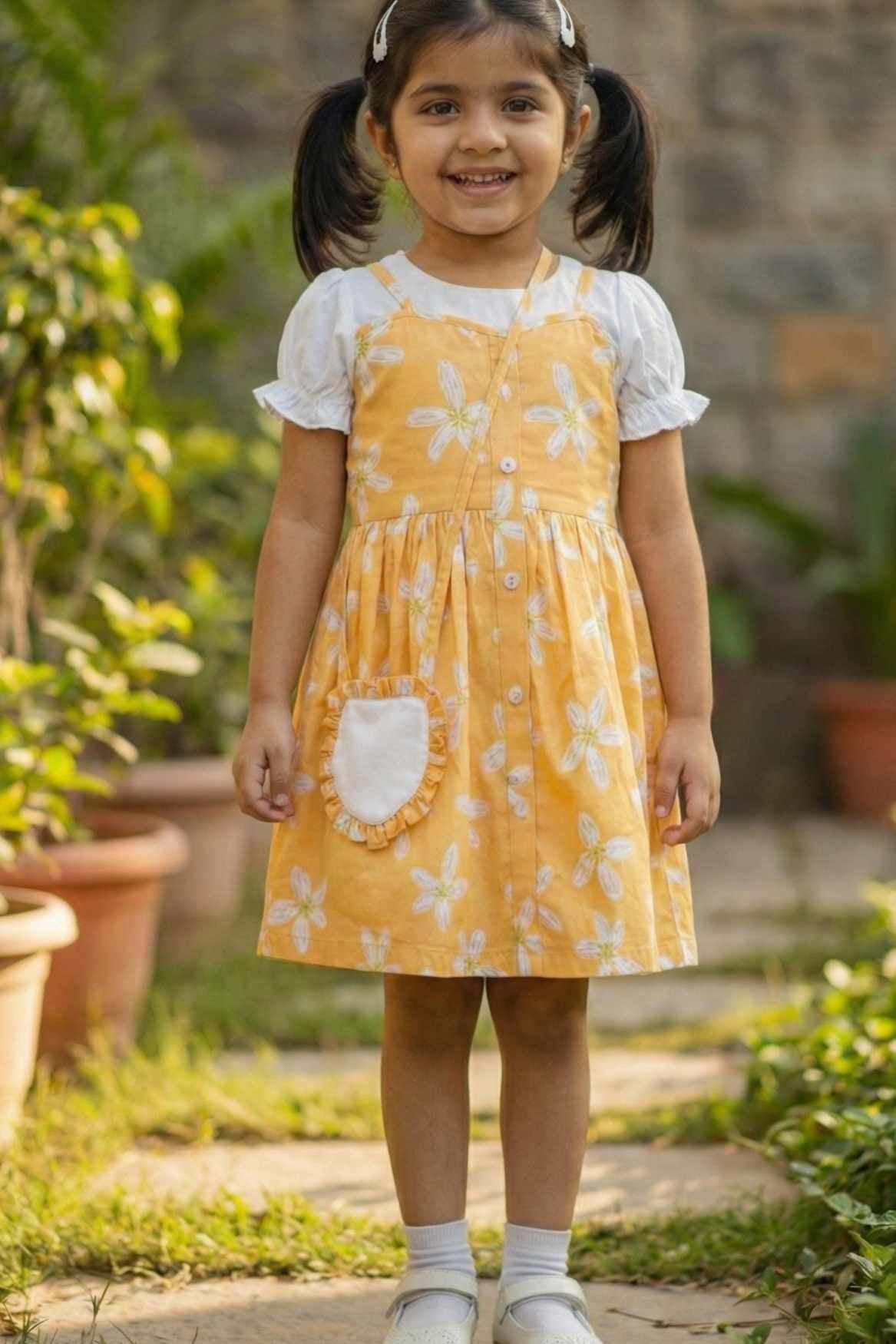 Yellow Floral Printed Dress And Matching Sling Bag For Girls