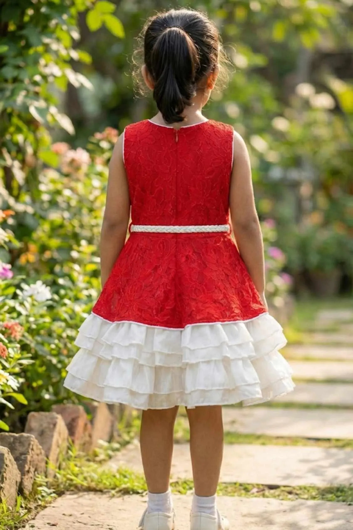 Red And White Layered Frock For Girls
