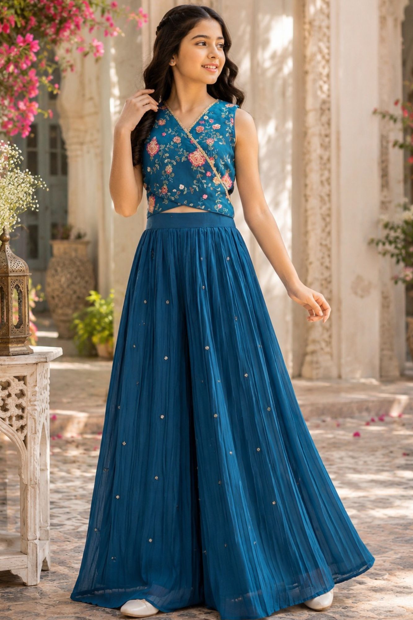 Girls Teal Blue Floral Embroidered Crop Top with Flared Palazzo Set