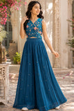 Girls Teal Blue Floral Embroidered Crop Top with Flared Palazzo Set