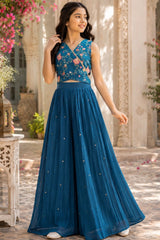 Girls Teal Blue Floral Embroidered Crop Top with Flared Palazzo Set