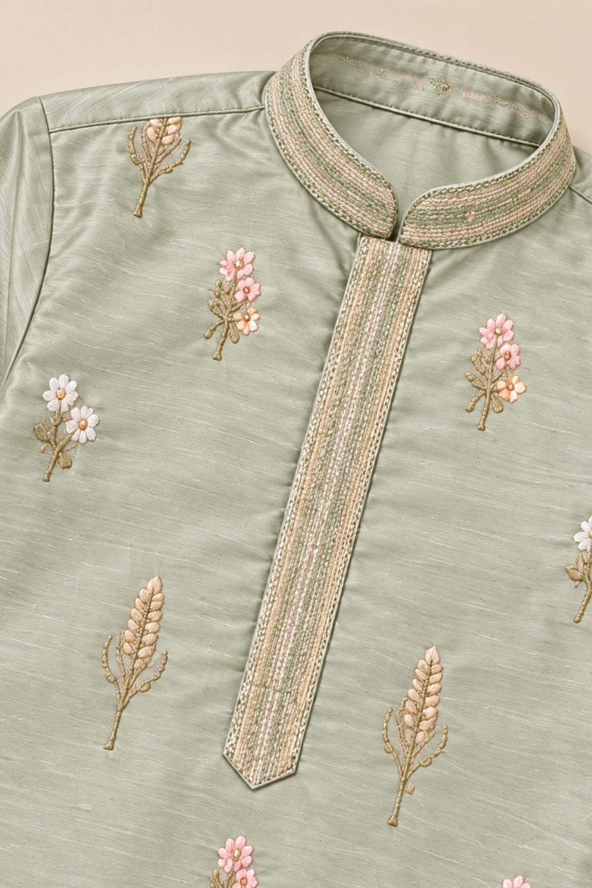 Boys Pista Green Chanderi Silk Embroidered Kurta Pant Set