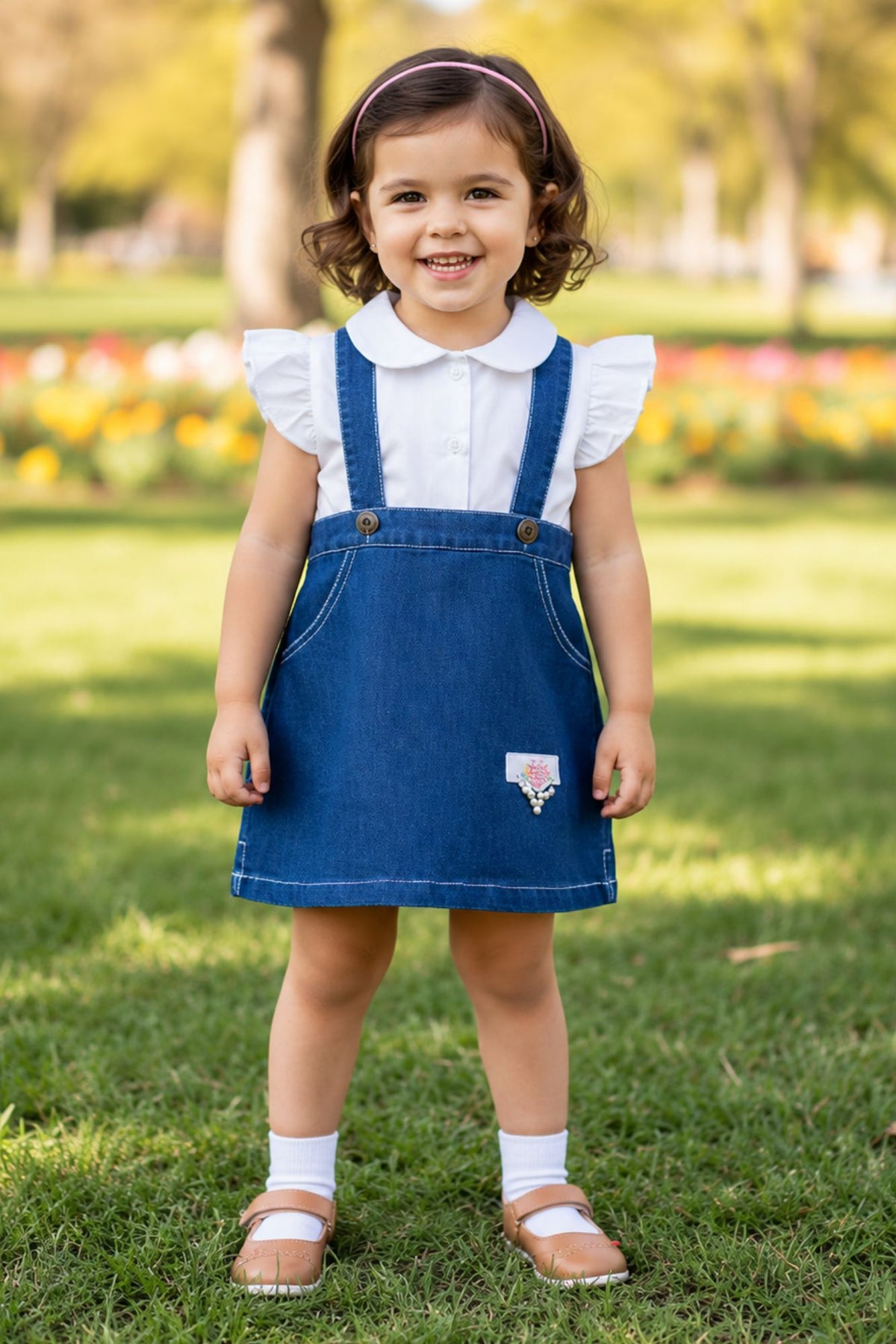 Girls Blue Denim Dungaree Dress With White Puff Sleeves Shirt