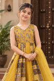 Yellow Sequins Work And Zari Embroidered Gown With Floral Printed For Girls