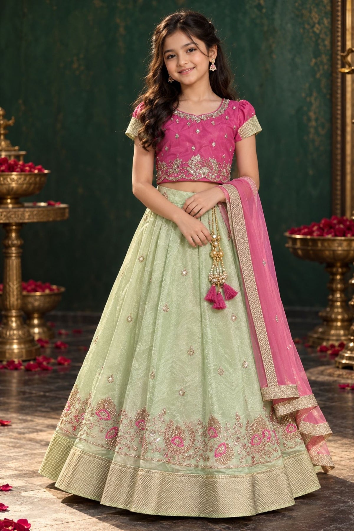 Girls Pista Green And Pink Embroidered Pattu Pavadai Set