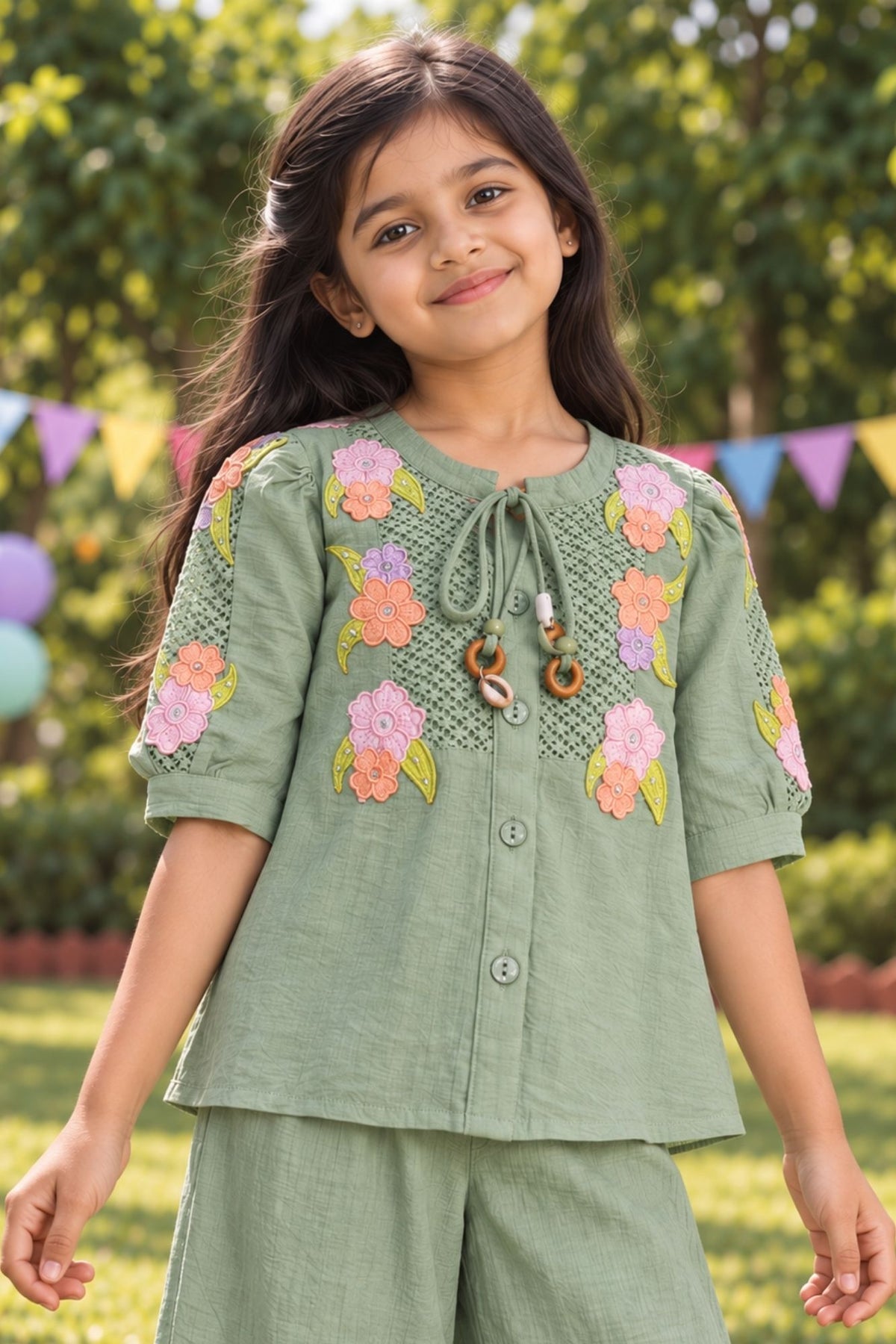 Girls Mint Green With Multicolour Floral Embroidered Co-Ord Set