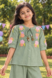 Girls Mint Green With Multicolour Floral Embroidered Co-Ord Set