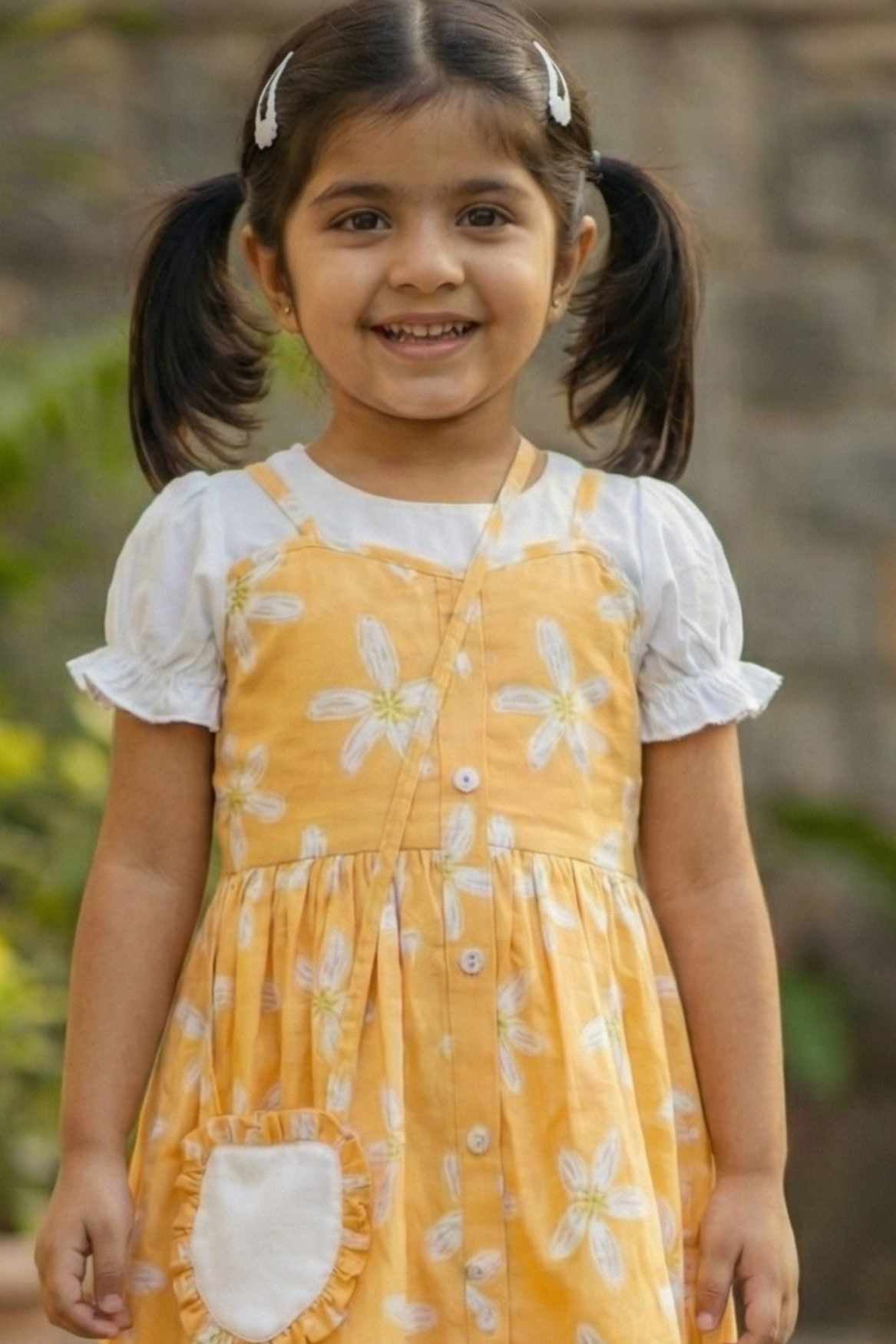 Yellow Floral Printed Dress And Matching Sling Bag For Girls