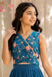 Girls Teal Blue Floral Embroidered Crop Top with Flared Palazzo Set