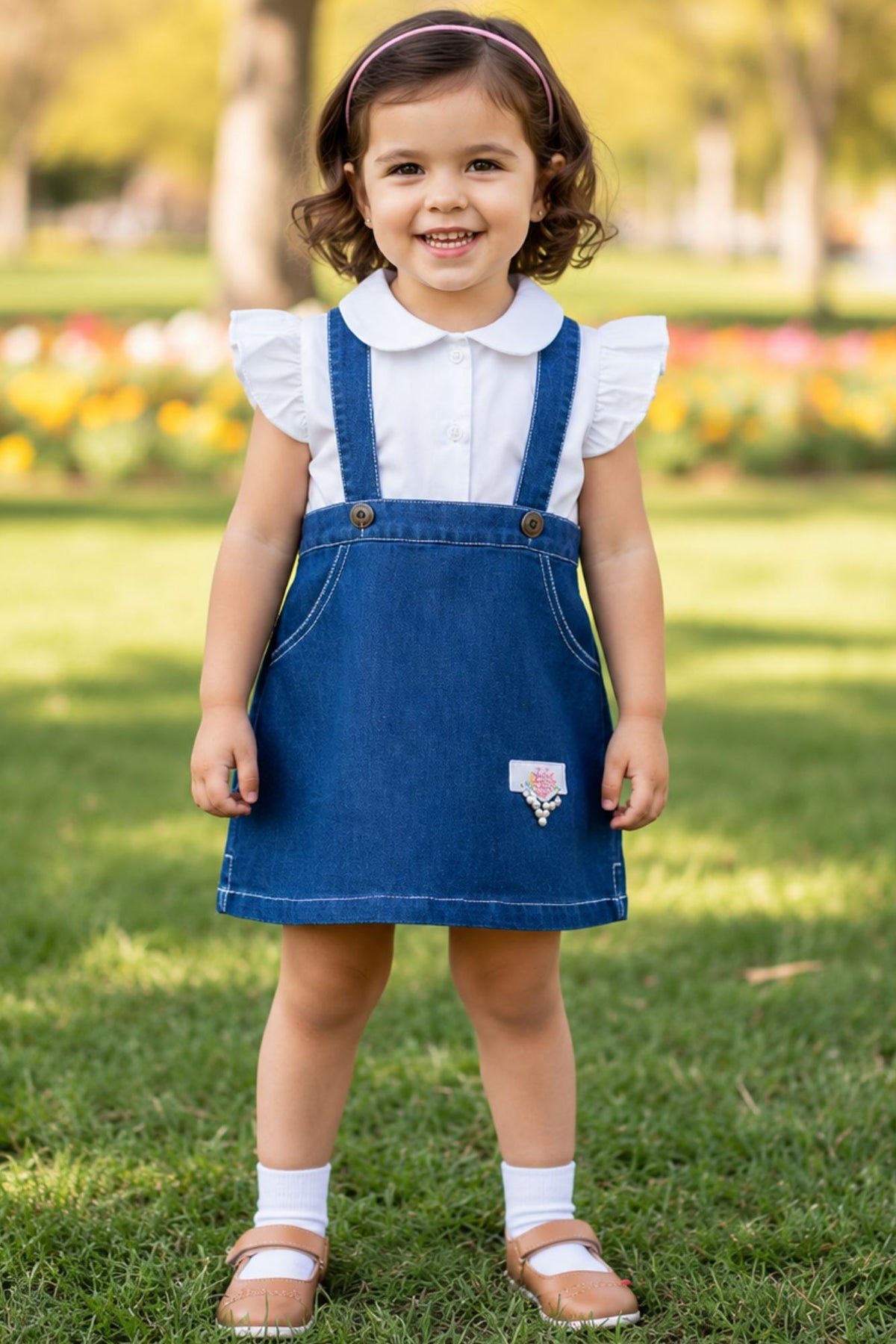 Girls Blue Denim Dungaree Dress With White Puff Sleeves Shirt