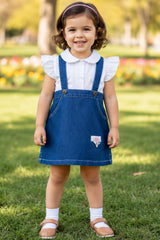 Girls Blue Denim Dungaree Dress With White Puff Sleeves Shirt