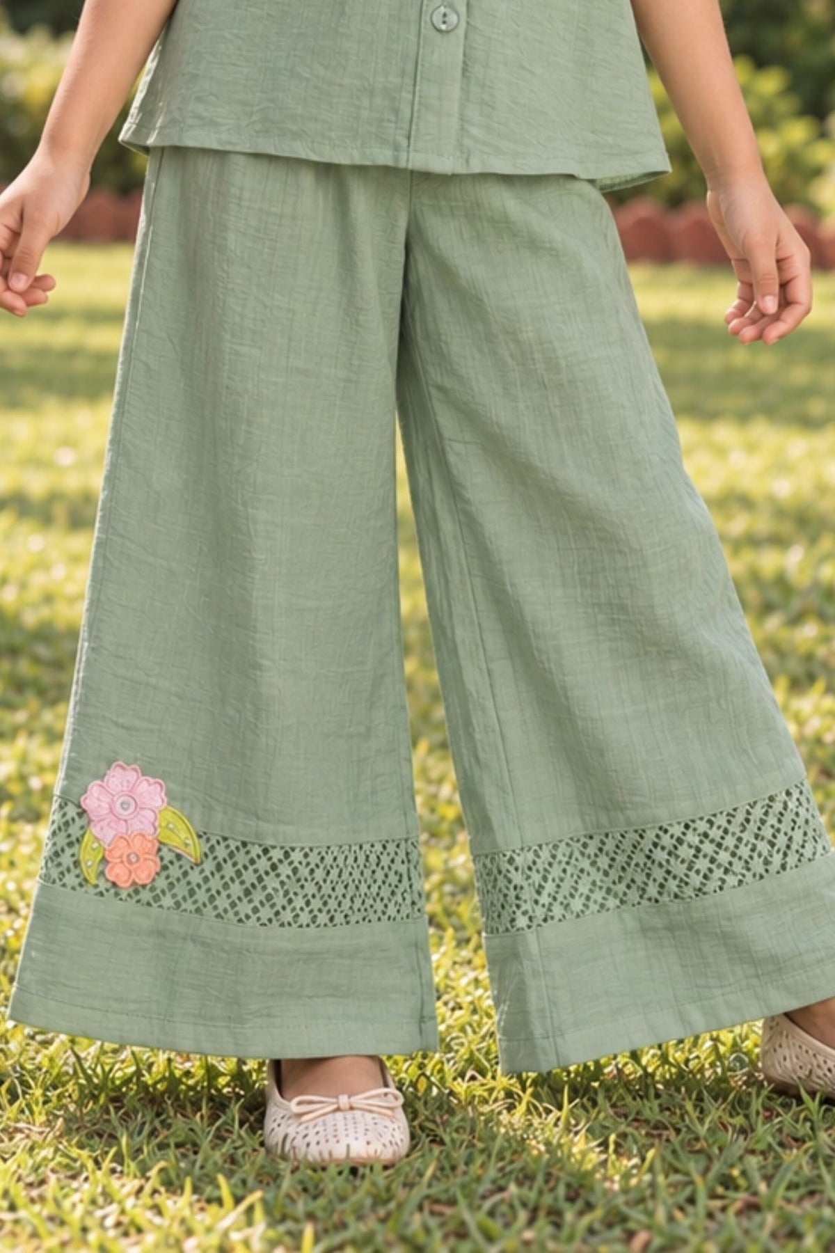 Girls Mint Green With Multicolour Floral Embroidered Co-Ord Set