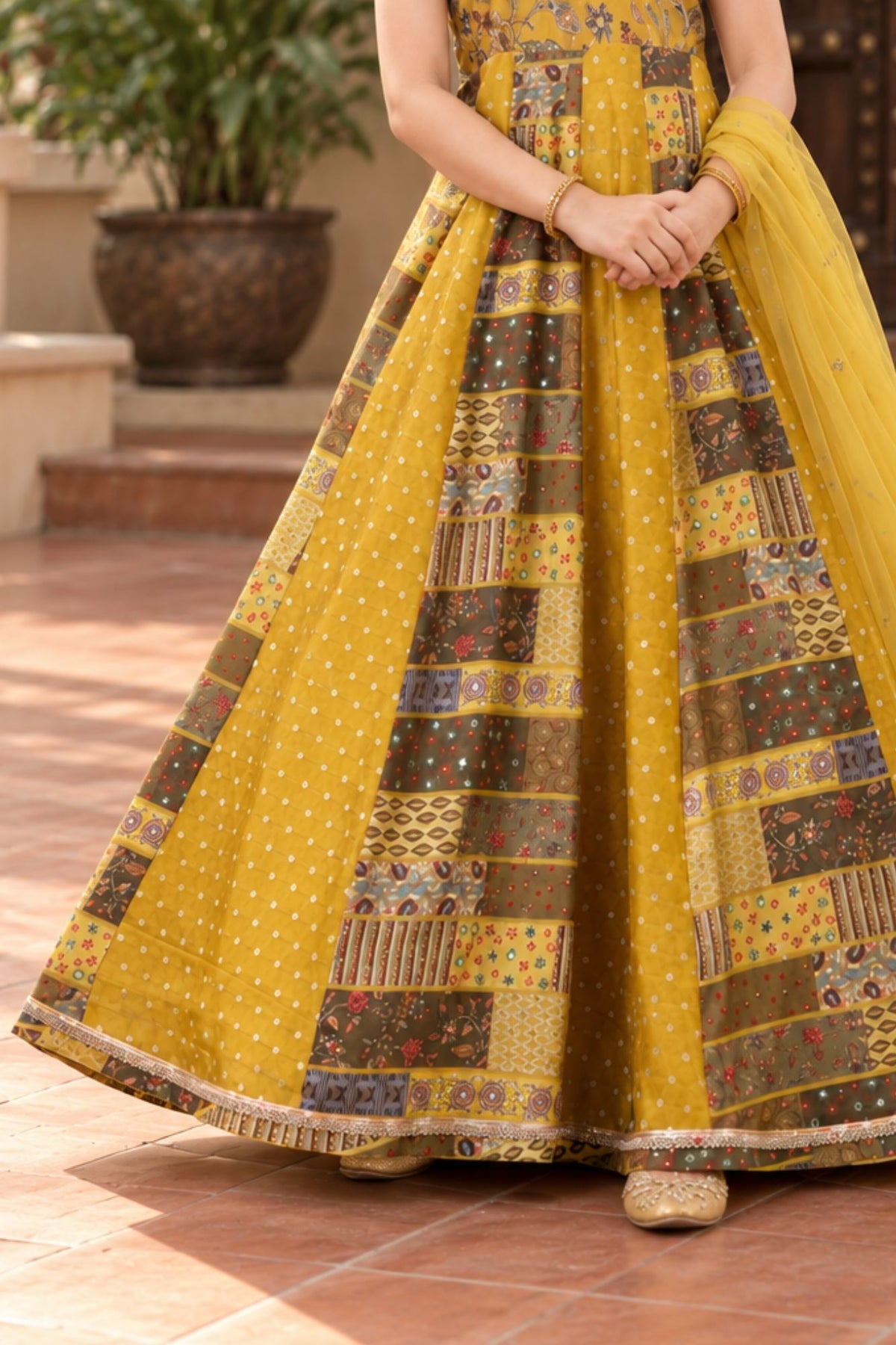 Yellow Sequins Work And Zari Embroidered Gown With Floral Printed For Girls