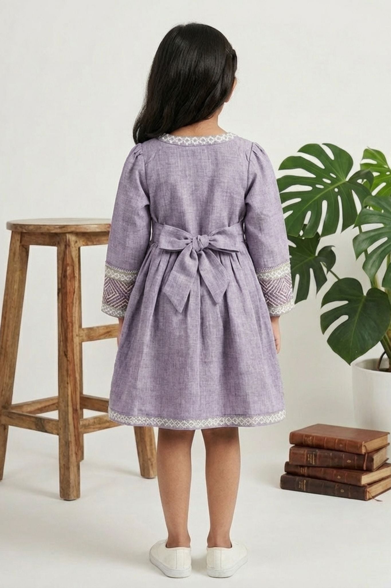 Lavender Textured Cotton Dress with Embroidered Border For Girls
