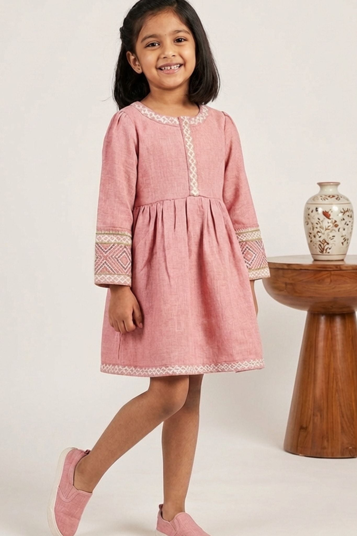 Baby Pink Textured Cotton Dress with Embroidered Border For Girls